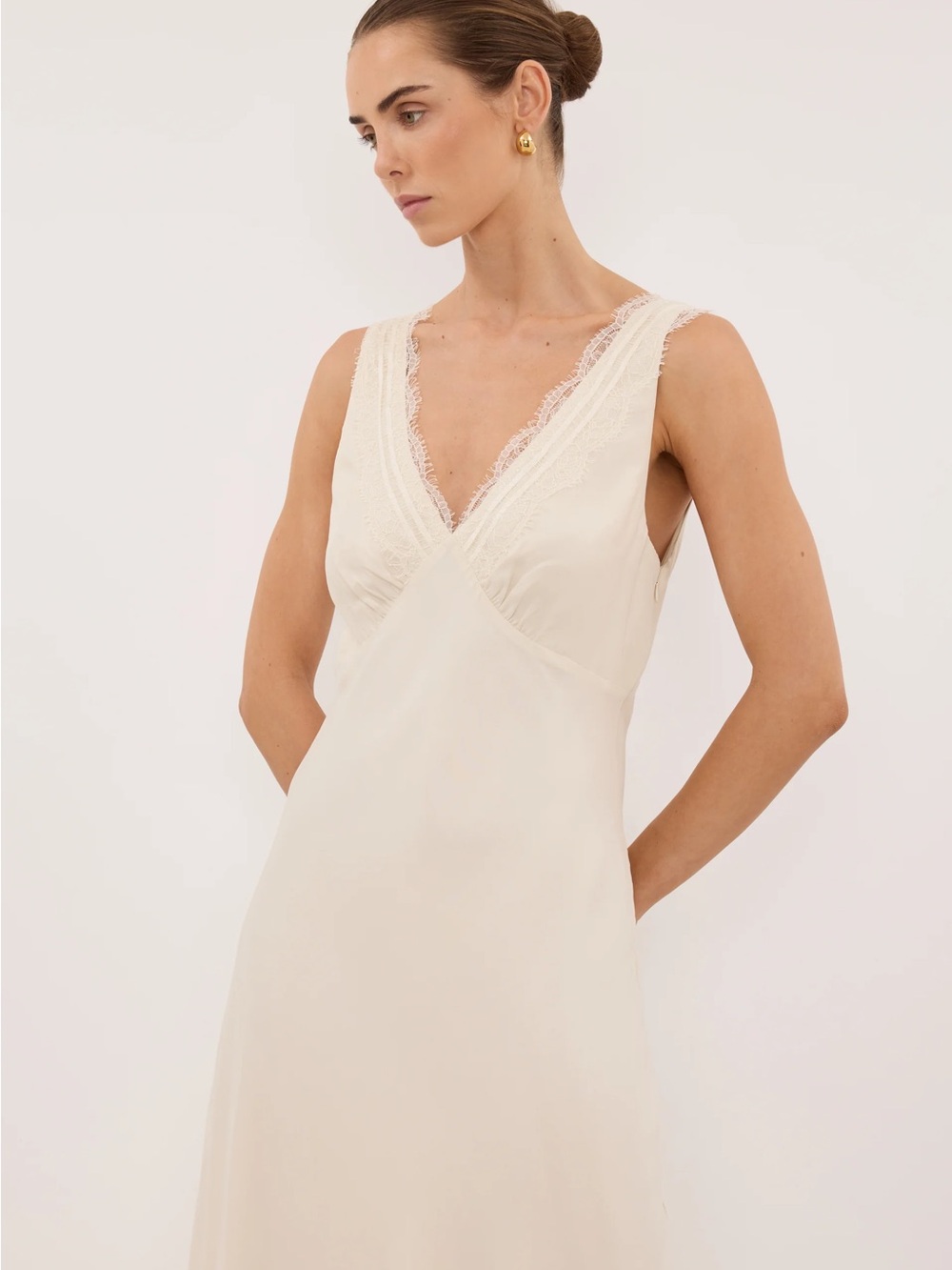 DISSH Cream Lace Trim Midi Slip Dress